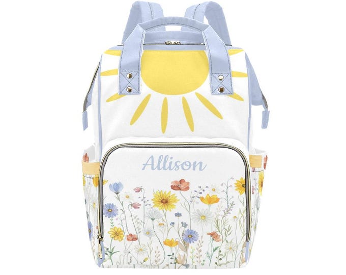 Wildflowers and Sunshine Backpack Diaper Bag, Wildflowers Diaper Bag, Girl Diaper Bag, Baby Shower Gift,  Personalized Diaper Bag, Nappy bag