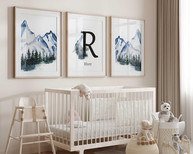 Personalized Blue Mountain Nursery Decor, Rustic Nursery Prints, Forest Nursery Prints, Mountain nursery wall art prints, Set of 3 Prints