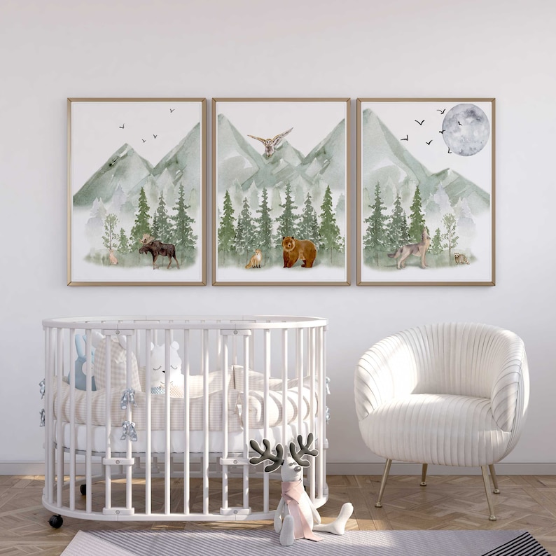 Mountain nursery decor | woodlands nursery decor | forest animals nursery decor | unframed set of three watercolor nursery prints | green