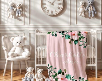 Personalized Floral Baby Blanket, pink and teal floral Nursery Decor, Baby Girl soft Blanket, Baby Shower gift,  Purple Floral baby blanket