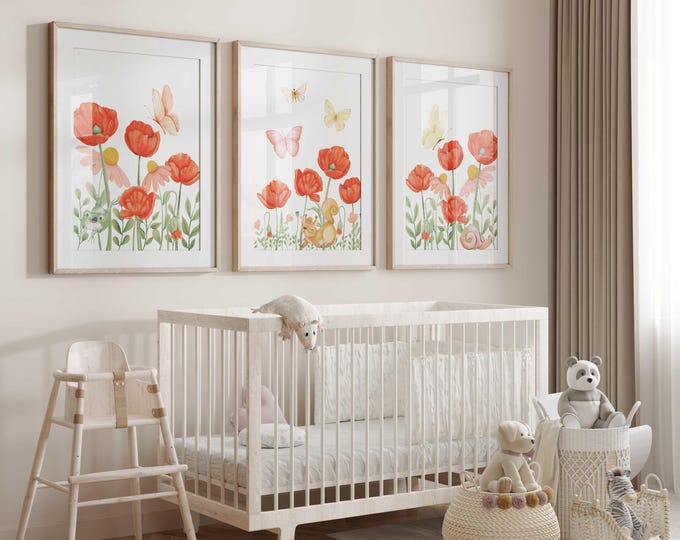Garden Nursery Wall Art Prints, Poppies and Butterfly Nursery Decor, Garden Nursery Prints, Set of 3 Baby Girl Prints, Floral nursery decor