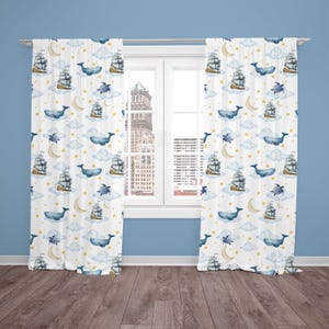 Nautical Nursery Curtains: Night Sky Whales, Ships, Stars