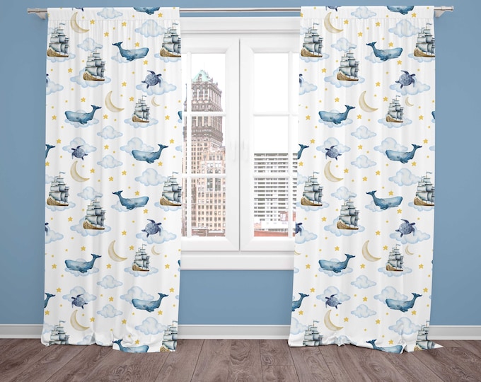 Nautical Night Sky Nursery Curtains, Nautical Window Curtains, Ocean Nursery Window Drapes, Ocean Baby Room Curtains, Kid Bedroom curtains