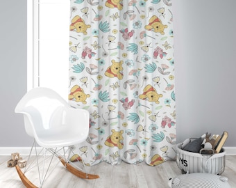 May include: A white curtain featuring a repeating pattern of yellow bears in red shirts, pink piglets, butterflies, and stylized flowers in shades of blue, pink, and yellow. The fabric has a light background with a whimsical botanical print.