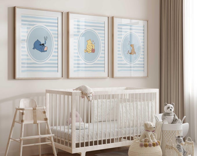 Winnie the Pooh nursery wall decor | Blue Stripe nursery prints | Blue Nursery Decor | Set of 3 prints | Gender Neutral Nursery | Baby Gift