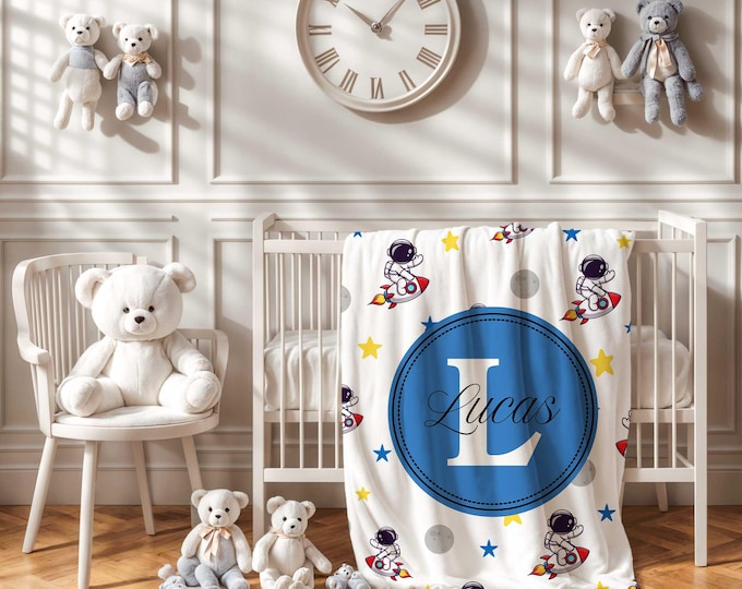 Personalized Rocket Ship and Astronaut Baby Blanket: Soft Crib Blanket for boys