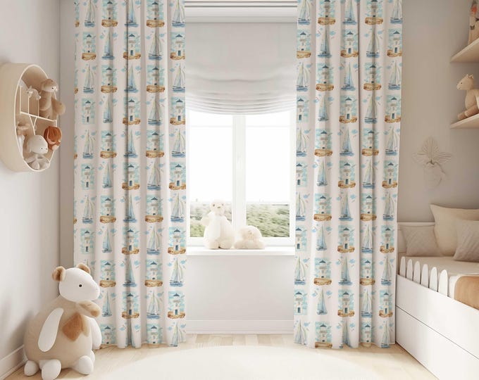 Nautical Nursery Window Curtains, lighthouse and sailboat Window Drapes, Kids Curtains, Nautical Nursery Decor, Sailboat Window Coverings
