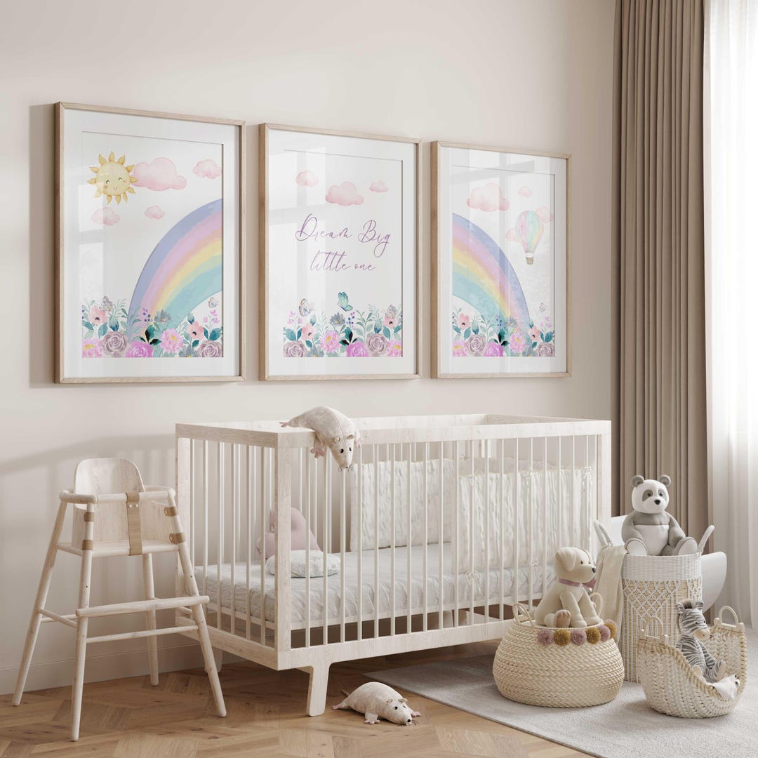 Dream Big Little One Nursery Prints: Pastel Rainbow & Garden Decor, Set ...