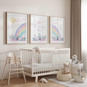 Dream Big Little One-kinderkamerprints: pastelkleurige regenboog en tuindecor, set van 3