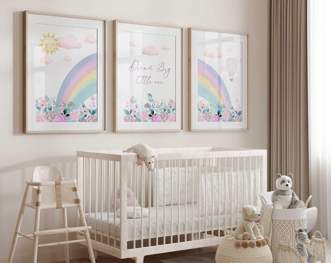 Dream Big Little One Nursery Prints: Pastel Rainbow & Garden Decor, Set of 3