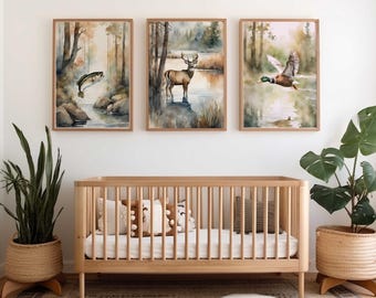Watercolor duck, deer & Fish nursery wall decor, hunting and Fishing nursery prints, Deer nursery Prints, Set of 3 prints, Boy Nursery Decor