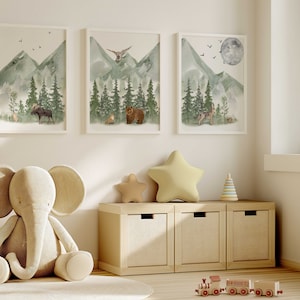Green Mountain Nursery Wall Art Prints, Woodland Nursery decor, Mountain Nursery Decor, Moose, Bear and Wolf Nursery Prints, Set of 3 prints