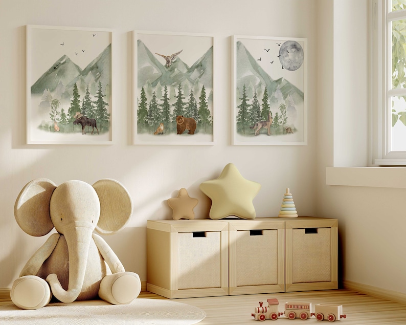 Green Mountain Nursery Wall Art Prints, Woodland Nursery decor, Mountain Nursery Decor, Moose, Bear and Wolf Nursery Prints, Set of 3 prints