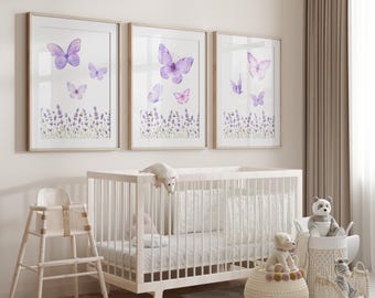 Purple Butterfly Nursery Wall Art Prints, Butterfly Nursery Decor, Purple Nursery Prints, Set of 3 Baby Girl Prints, Purple nursery decor