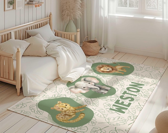 Personalized Kids Area Rug with Jungle Animals, Safari Nursery Area Rug, Custom Kids Rug, Leopard Lion and Elephant Nursery Decor, Boy Rug