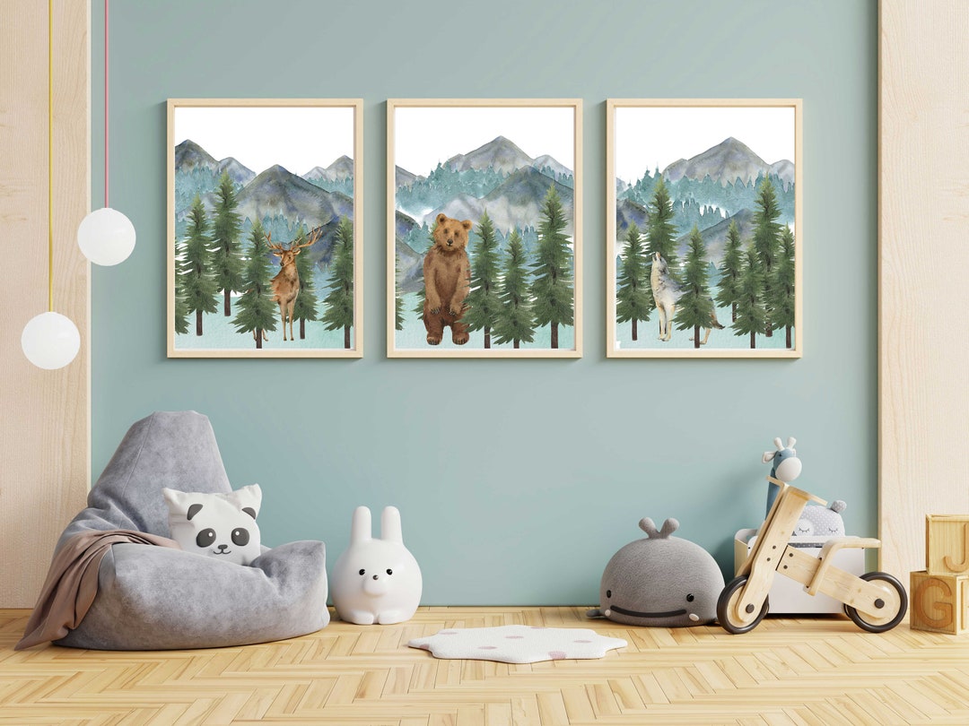Woodland Animal Nursery Prints Mountain Nursery Decor animal Prints Set of Three Watercolor