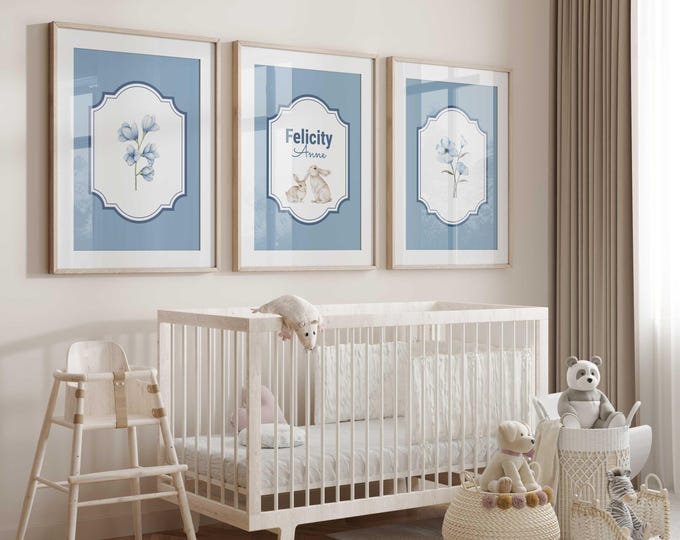 Personalized nursery wall decor, Bunny nursery prints, Blue Floral Nursery Decor, Set of 3 prints, Blue bunny Nursery Decor, Gender Neutral