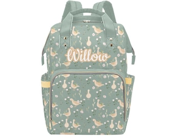 Personalized Goose pattern Backpack Diaper Bag, Green Goose Diaper Bag, Gender Neutral Diaper Bag, Baby Shower Gift, Personalized Diaper Bag