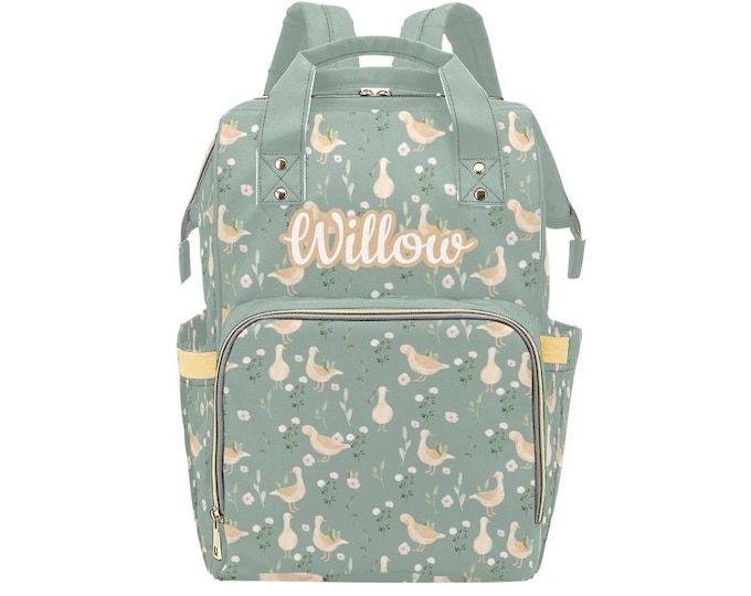 Personalized Goose pattern Backpack Diaper Bag, Green Goose Diaper Bag, Gender Neutral Diaper Bag, Baby Shower Gift, Personalized Diaper Bag