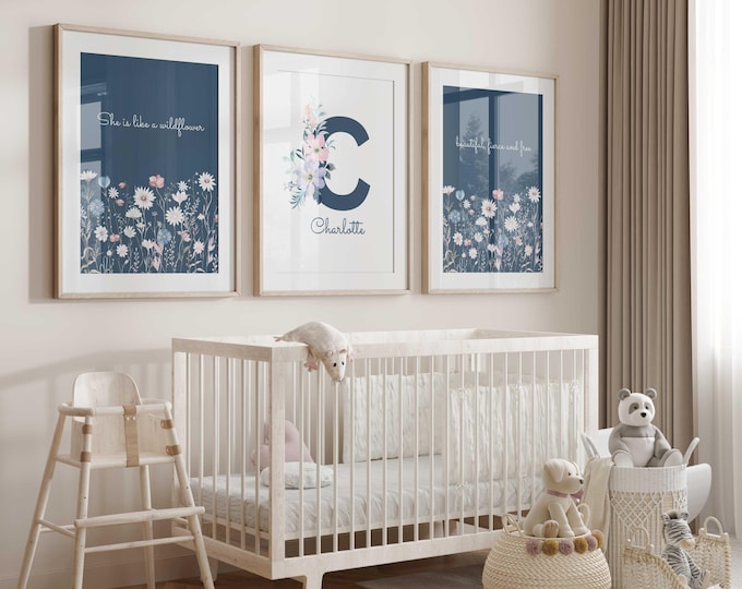 Personalized wildflower nursery wall decor, Personalized Floral nursery prints, Wildflower Quote Prints, Set of 3 prints, Baby Girl Nursery