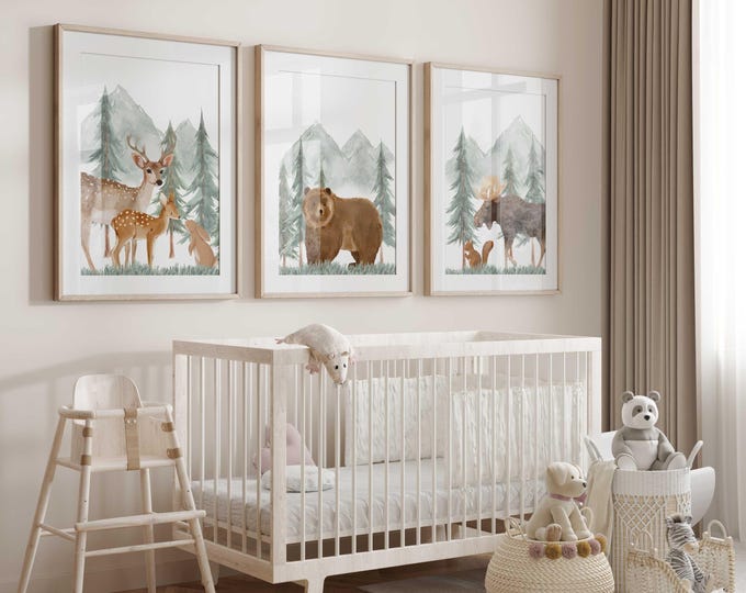Woodland Nursery Prints: Green Mountain Animal Art, Set of 3