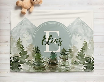 Personalized Mountain Forest Nursery Blanket: Green Woodland Baby Blanket