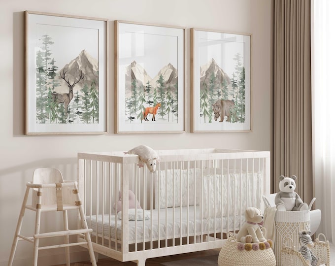 Woodland Animal Mountain Nursery Art Prints: Deer, Fox, Bear Prints