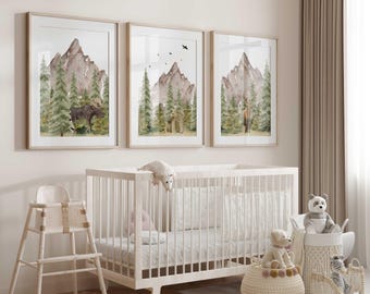 Brown Mountain Nursery Wall Art Prints, Mountain Nursery Decor, Woodland Animal Nursery Prints, Set of 3 Nursery Prints, Moose deer and bear