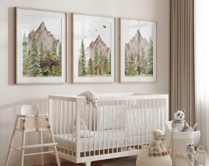 Brown Mountain Nursery Wall Art Prints, Mountain Nursery Decor, Woodland Animal Nursery Prints, Set of 3 Nursery Prints, Moose deer and bear