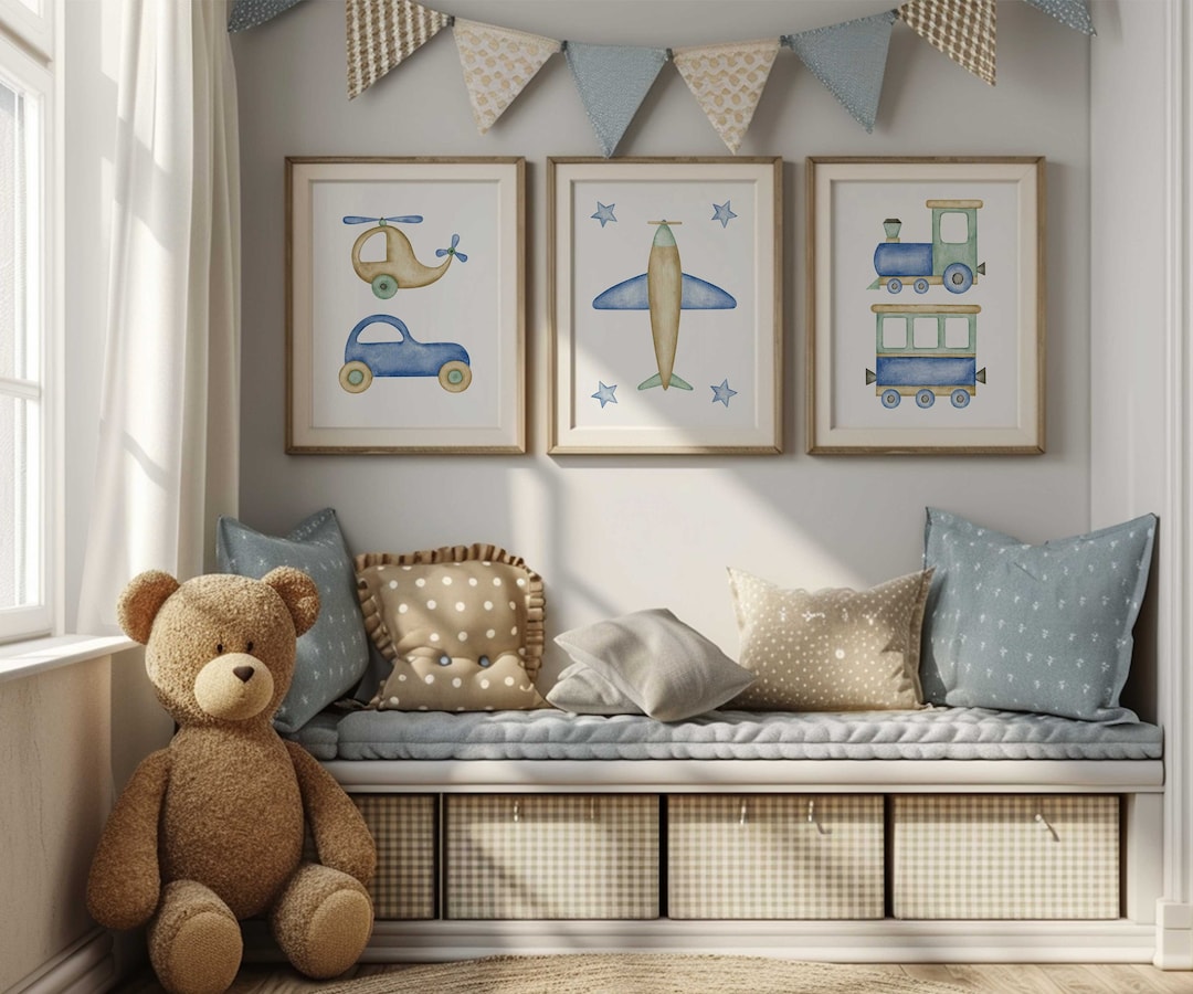 Transportation Nursery Prints: Airplane, Train, Car, Helicopter - Set ...