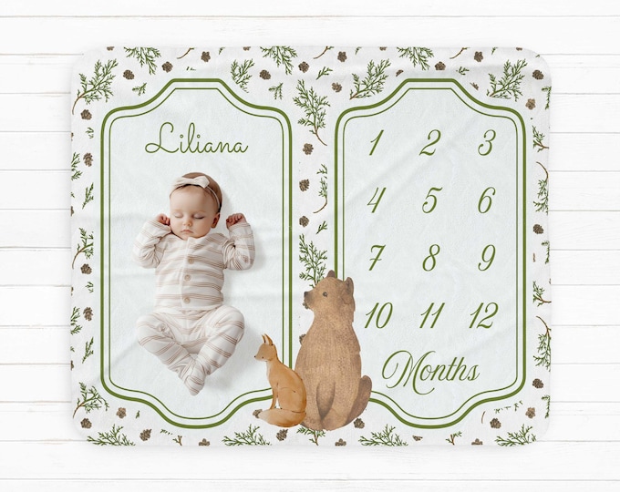 Personalized Woodland Baby Milestone Blanket: Bear Nursery Decor