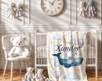 Personalized nautical Baby Blanket | Whale Nursery Theme | Blue Baby Blanket | Nautical Night Sky in space Crib Blanket | Baby Boy Gift