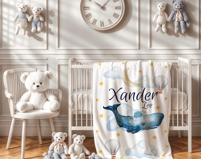 Personalized nautical Baby Blanket | Whale Nursery Theme | Blue Baby Blanket | Nautical Night Sky in space Crib Blanket | Baby Boy Gift