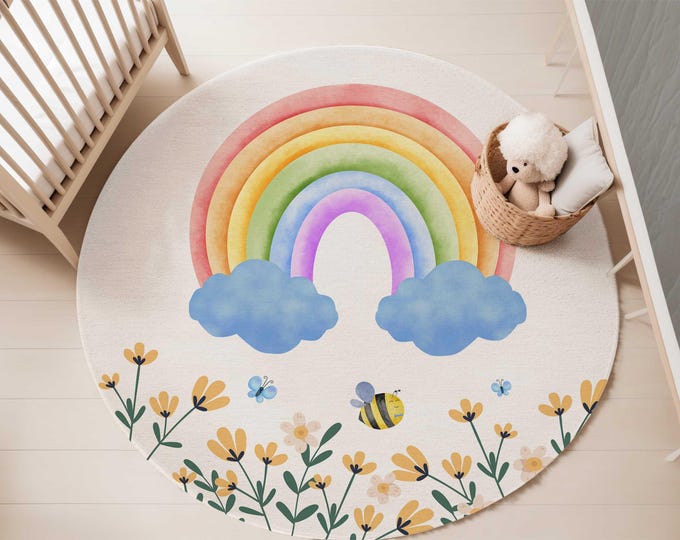 Rainbow Garden nursery area rug | 5-foot Round Area rug | Whimsical nursery rug | Carpet for kids' bedroom | Wildflower Garden nursery rug