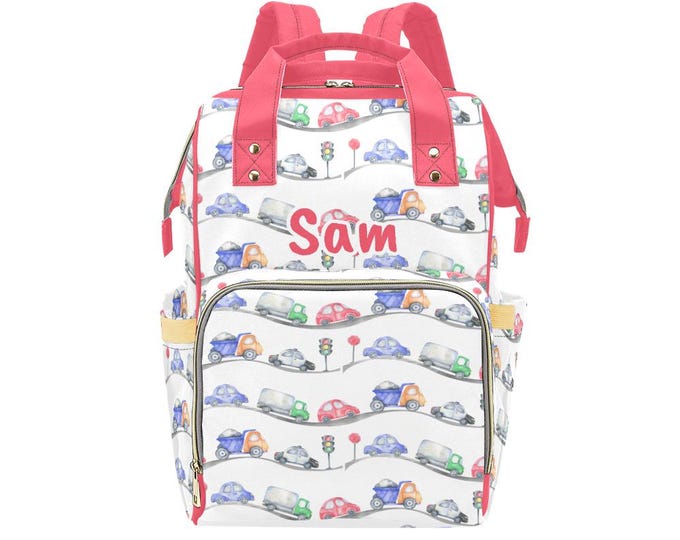 Cars and Trucks Backpack Diaper Bag, Transportation Diaper Bag, Boy Diaper Bag, Baby Shower Gift, Baby Accessory, Personalized Diaper Bag