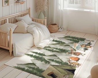 Camping Nursery Area Rug, Hiking Nursery Decor, Nursery Bedroom Carpet, Mountain Nursery Rug, Woodland Play Mat for toddlers, Animal Rug