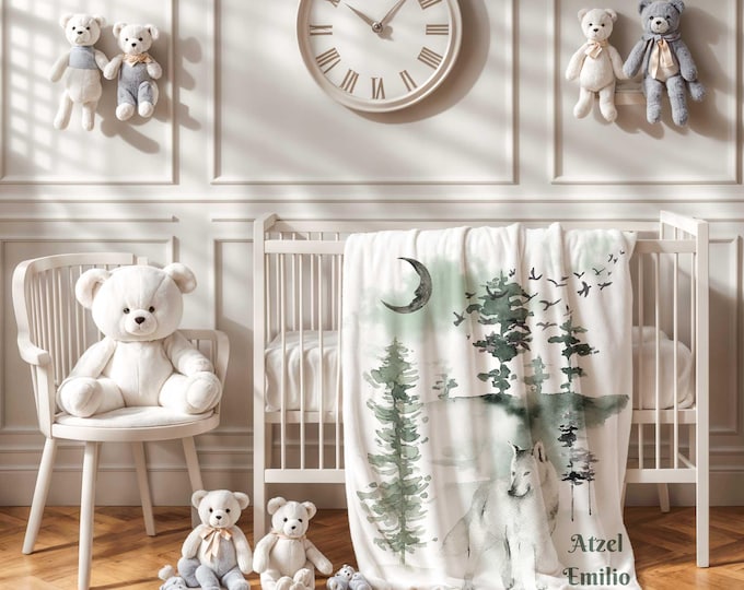 Personalized Wolf Baby Blanket: Green Woodland Nursery Decor