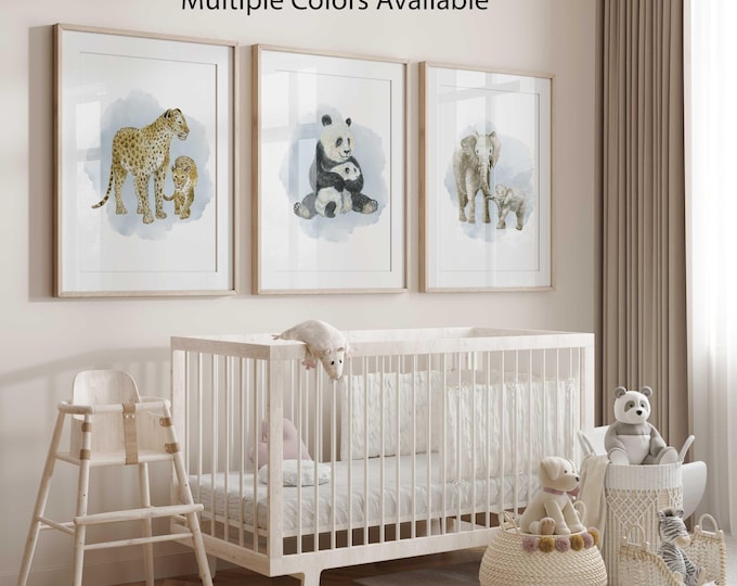 Safari Animal Nursery Decor, Jungle Nursery Wall Art Prints, Set of 3 Prints, Mom and Baby animals, Panda Bear Tiger and Elephant Artwork