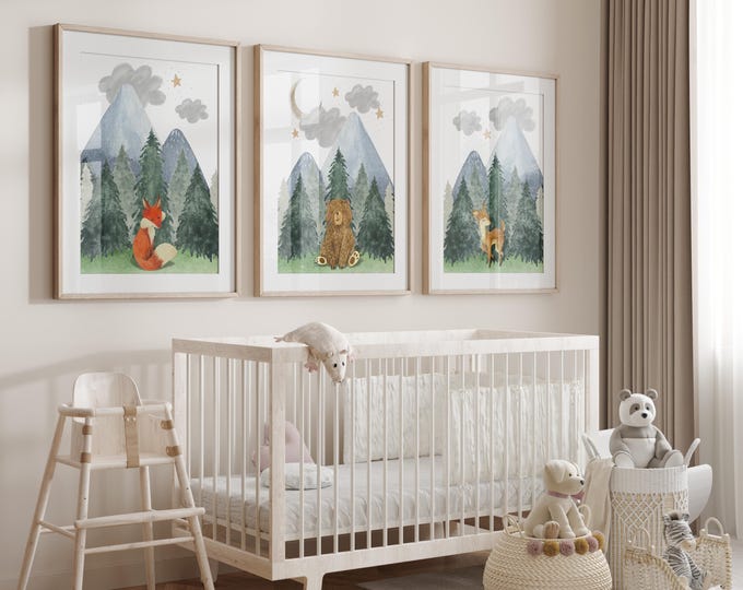 Woodland animal nursery wall art prints, mountain nursery decor, night sky mountain prints, set of 3 nursery prints, Bear fox Deer, Forest
