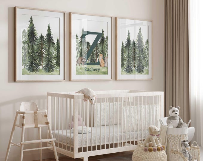 Personalized Nursery Prints, Pine Tree Nursery Decor, Woodland Animal Nursery Wall Art, Set of 3 Baby Boy Prints, Forest Nursery Prints