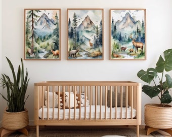 Watercolor mountain landscape nursery wall decor | Mountain nursery prints | Wilderness animal nursery Prints | Set of 3 nursery prints