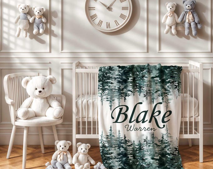 Personalized Forest Baby Blanket, Forest Nursery Theme, Woodland Baby Blanket, Green Baby Boy Crib Blanket, Custom Baby Shower Gift