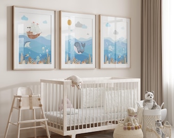 Ocean Nursery Art Prints: Whale, Ship, Sea Life, Set of 3