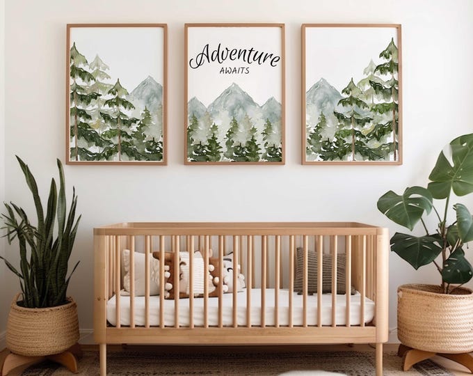 Mountain Nursery Decor, Adventure Awaits nursery wall art prints, mountain nursery prints, Adventure Nursery prints, Mountain Forest Prints
