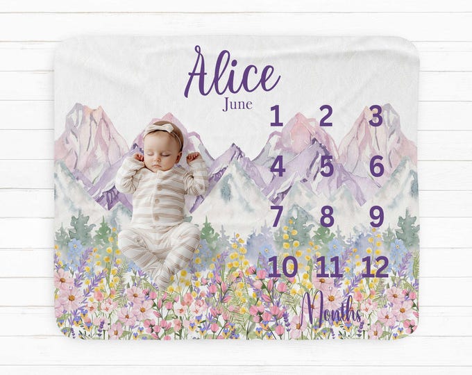 Personalized Wildflower Mountain Baby Milestone Blanket: Polyester Nursery Decor