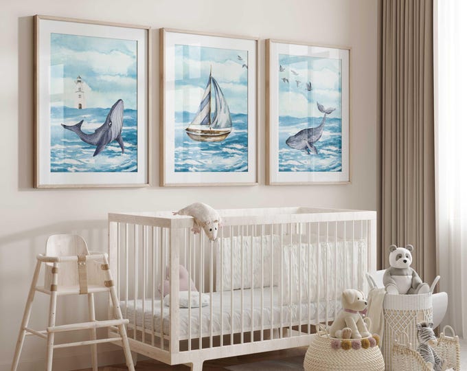 Sailboat  Nursery prints, Baby Boy Ocean Nursery Wall Art Prints, Nautical Nursery Prints, Set of 3 Nursery Prints, Whale Nursery Prints
