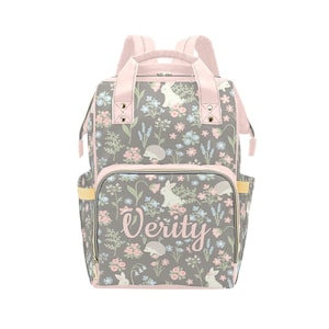Personalized Bunny and Hedgehog pattern Backpack Diaper Bag, Pink & Gray Diaper Bag, Baby Girl Diaper Bag, Baby Shower Gift, Baby Travel Bag