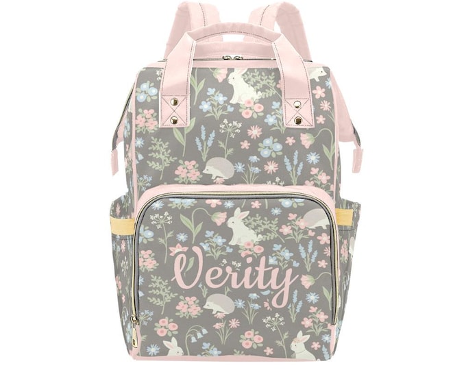 Personalized Bunny and Hedgehog pattern Backpack Diaper Bag, Pink & Gray Diaper Bag, Baby Girl Diaper Bag, Baby Shower Gift, Baby Travel Bag