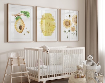 Bee & Sunflower Nursery Art Set: Be Kind Quote, Gender Neutral Decor