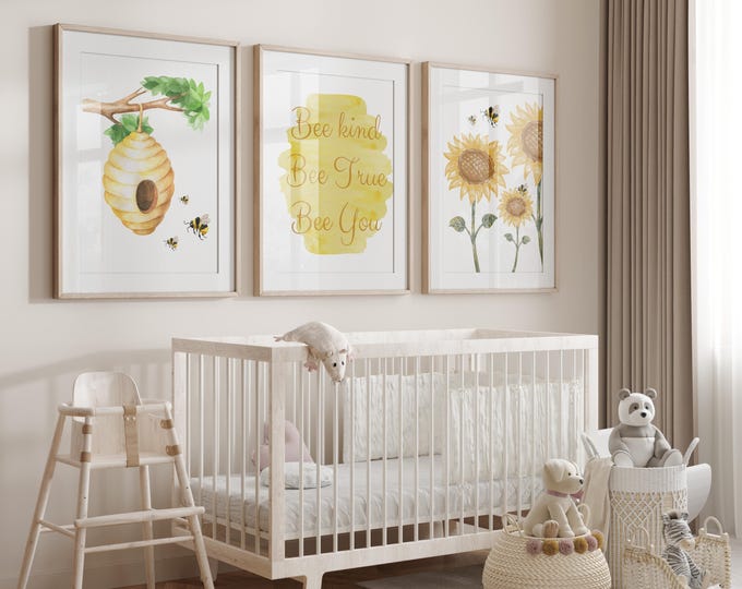 Bee and sunflower nursery wall art set, Be Kind Bee True Bee You Quote, Gender Neutral Baby room Decor Set of 3, Yellow Nursery Wall prints